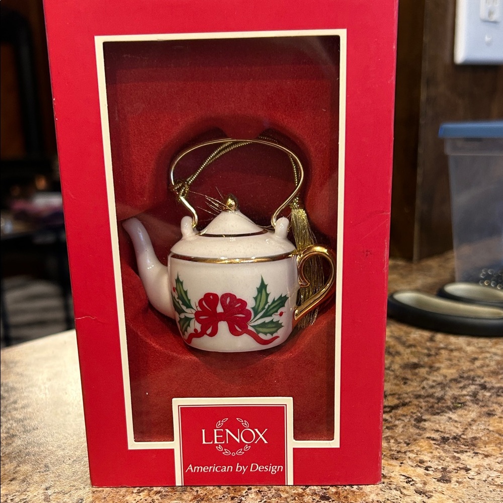 Lenox Festive Teapot Ornament with Red and Green Design